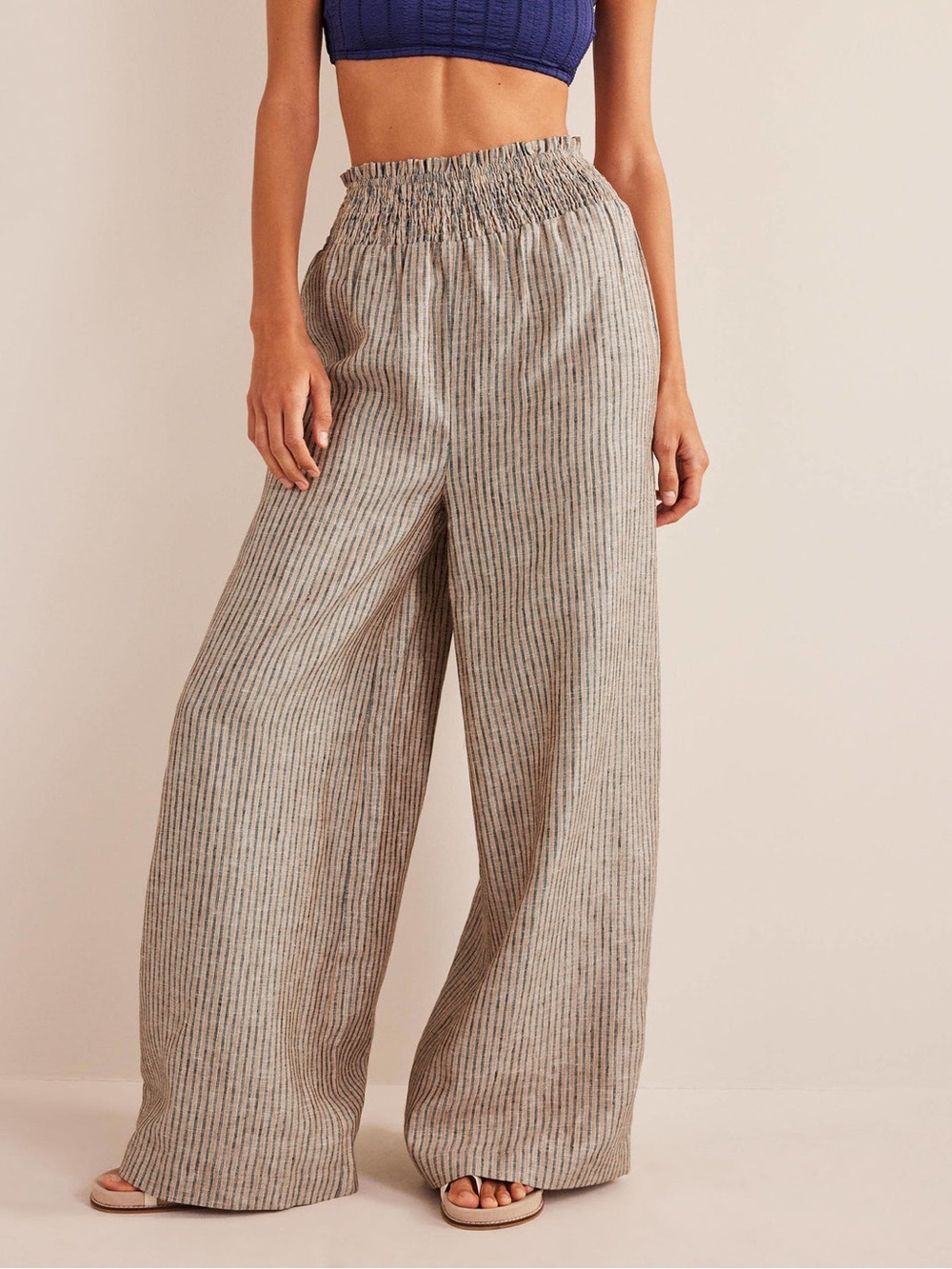 Boden Linen Shirred Waist Wide Leg Pants Camel and Black Lurex Stripe Size 10R